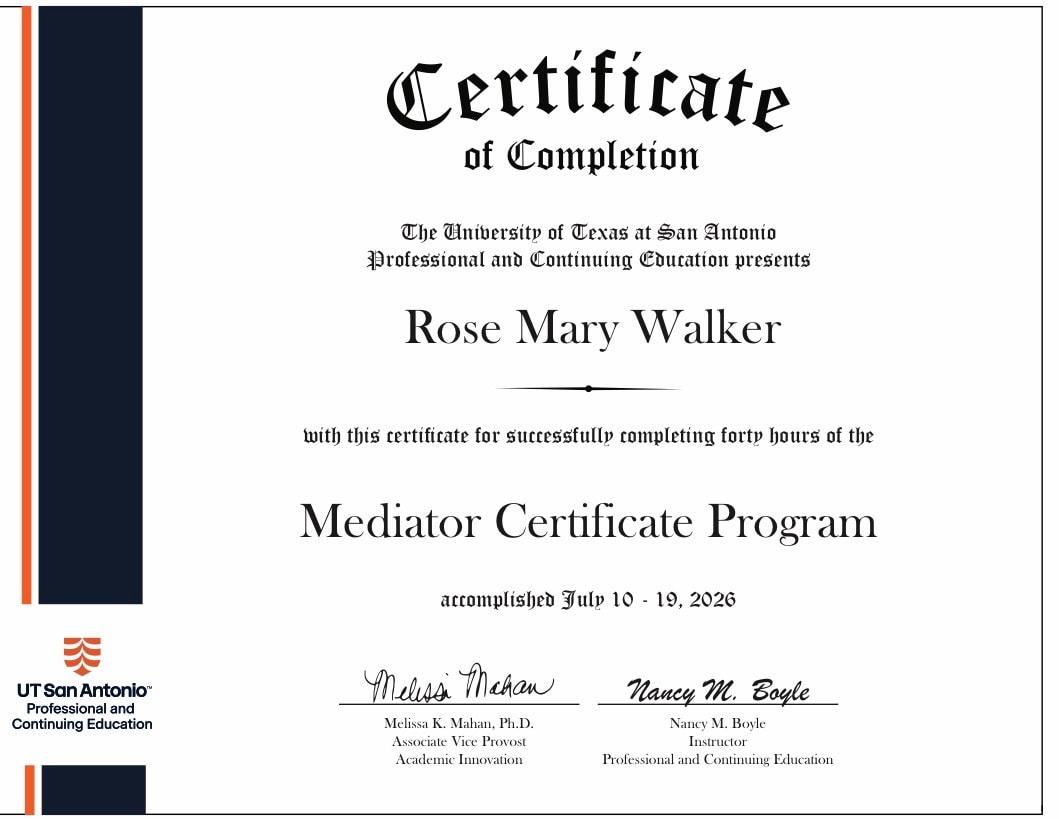 UTSA Mediator Certificate of Completion — Rose Mary Walker, July 2026