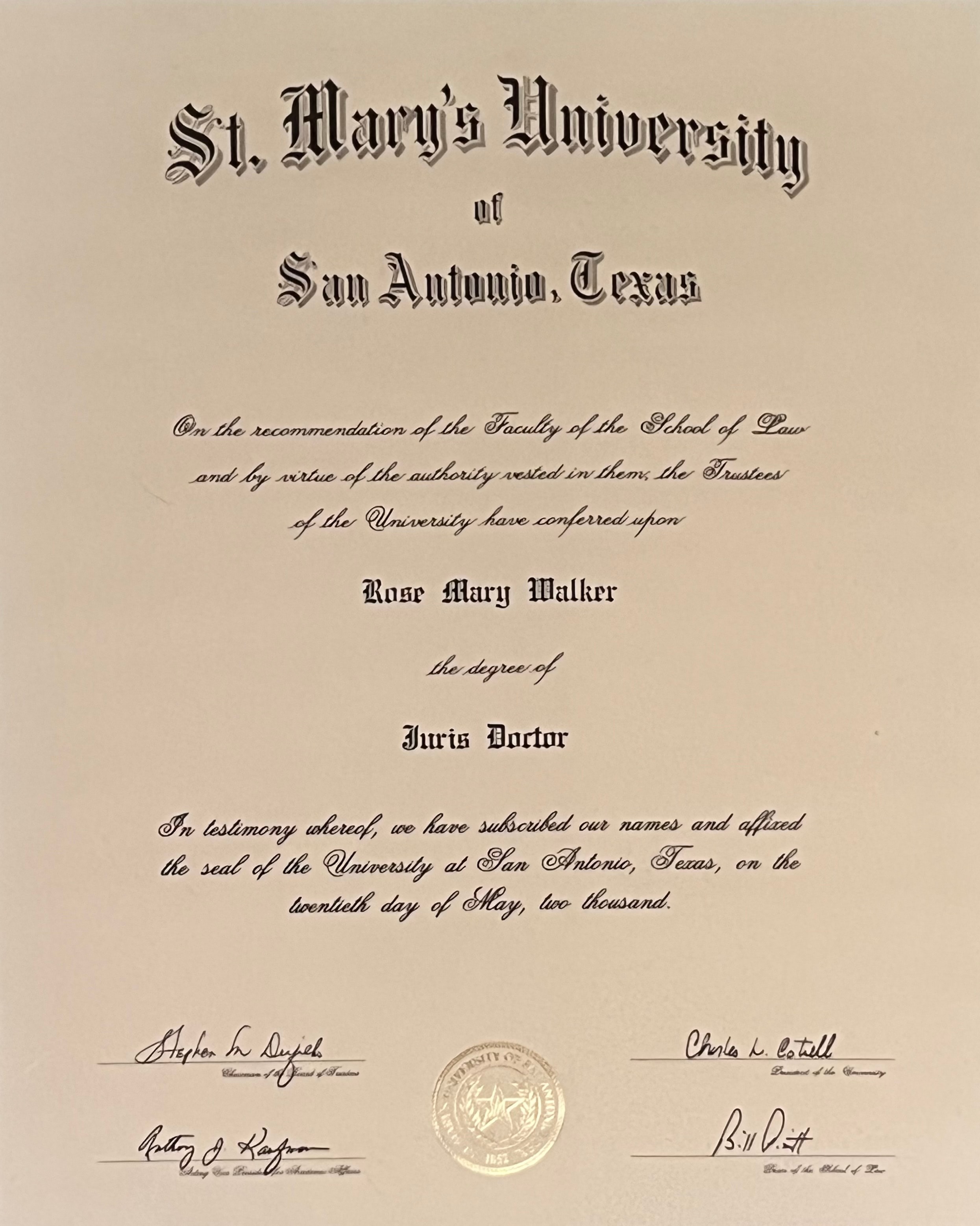 St. Mary's University School of Law — Juris Doctor, Rose Mary Walker, 2000